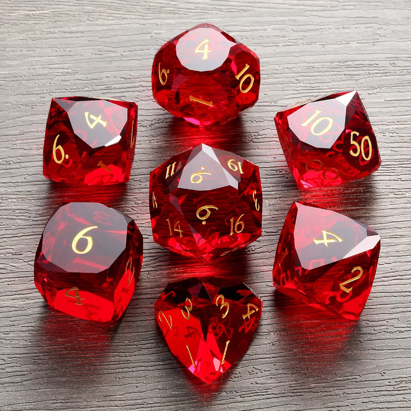 Glass Dice Set – Diamond-Cut Red