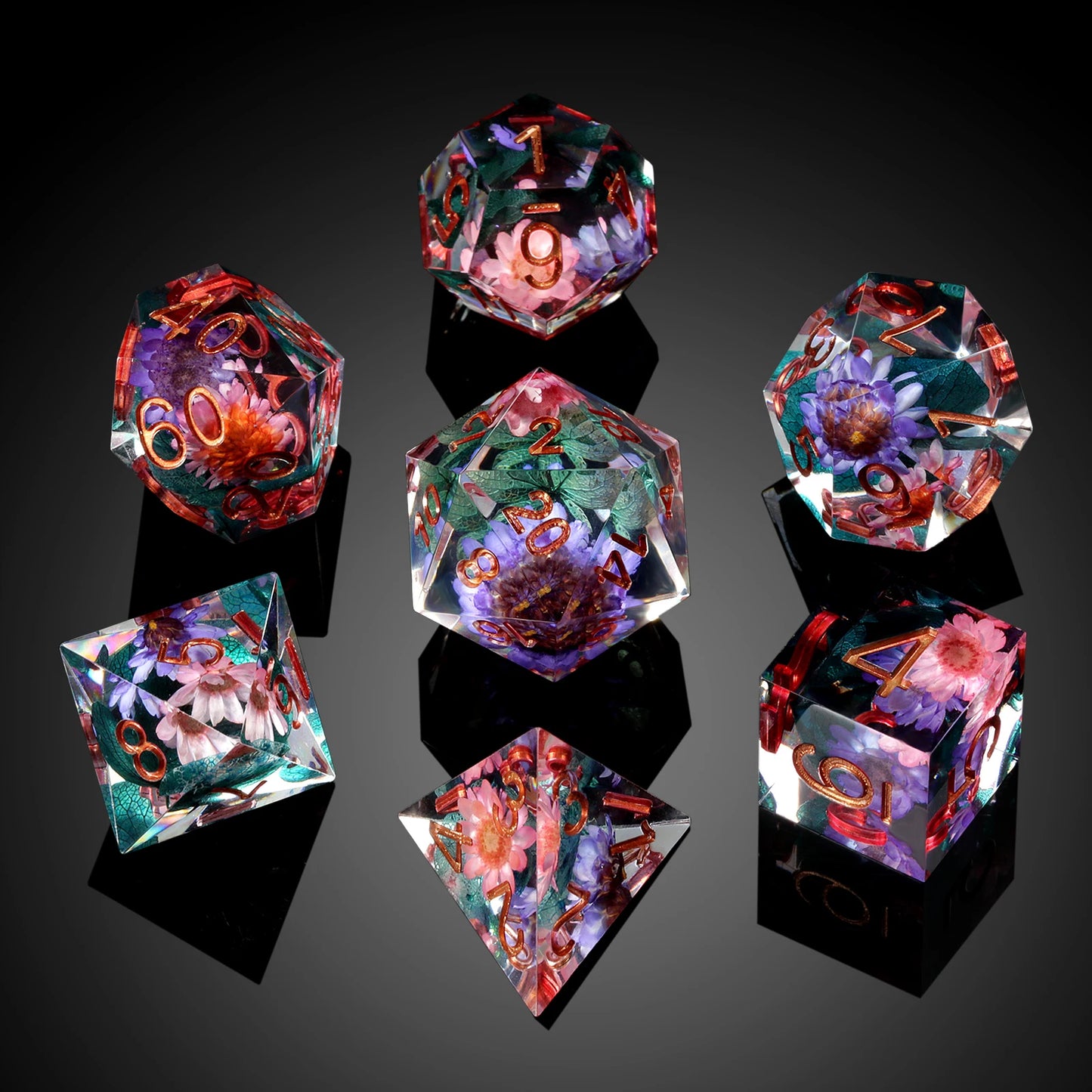 Sharp Edge dice Set - Flowers with blue leaf