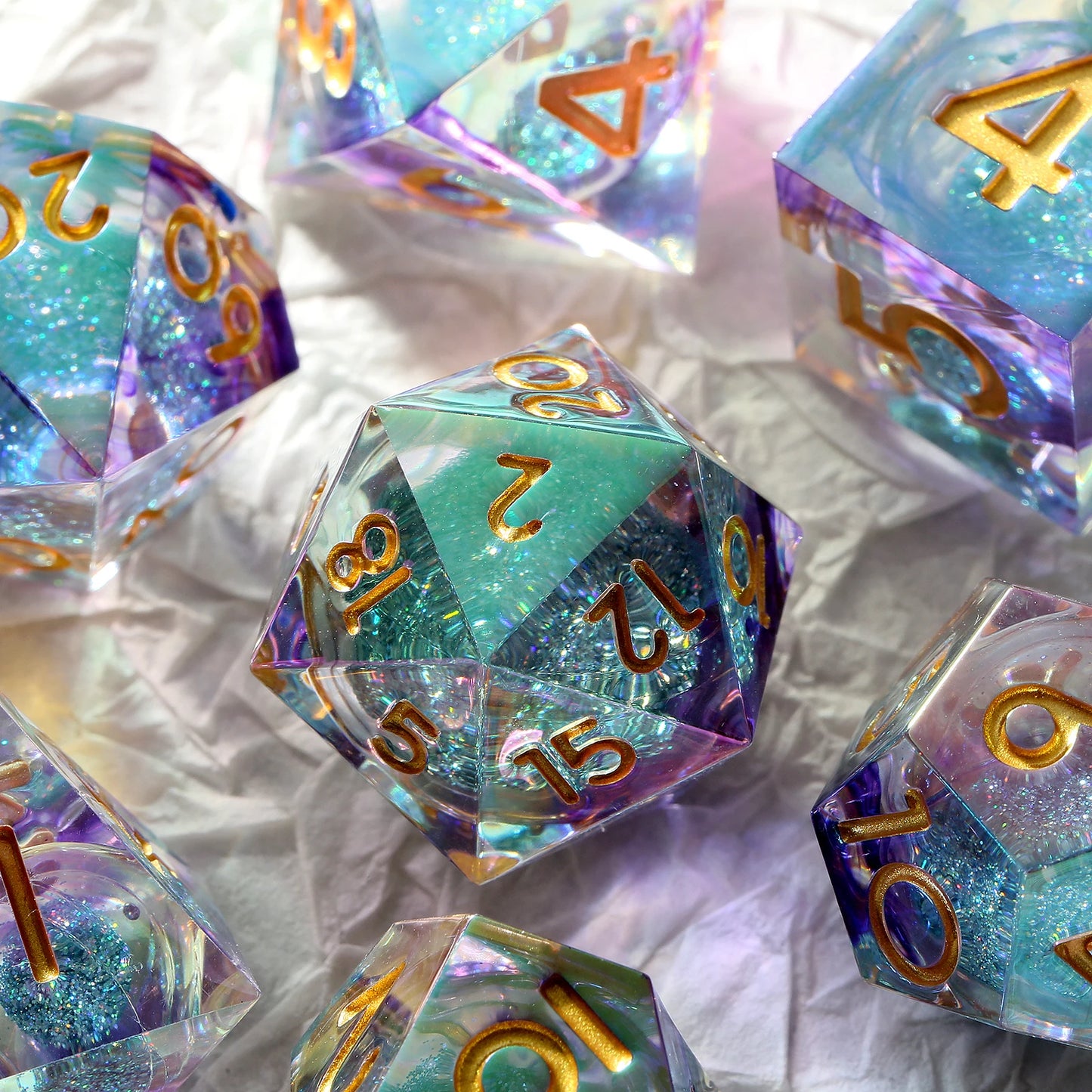 Shar Edge Dice Set - Shiny White liquid core with Rainbow iridescent plating