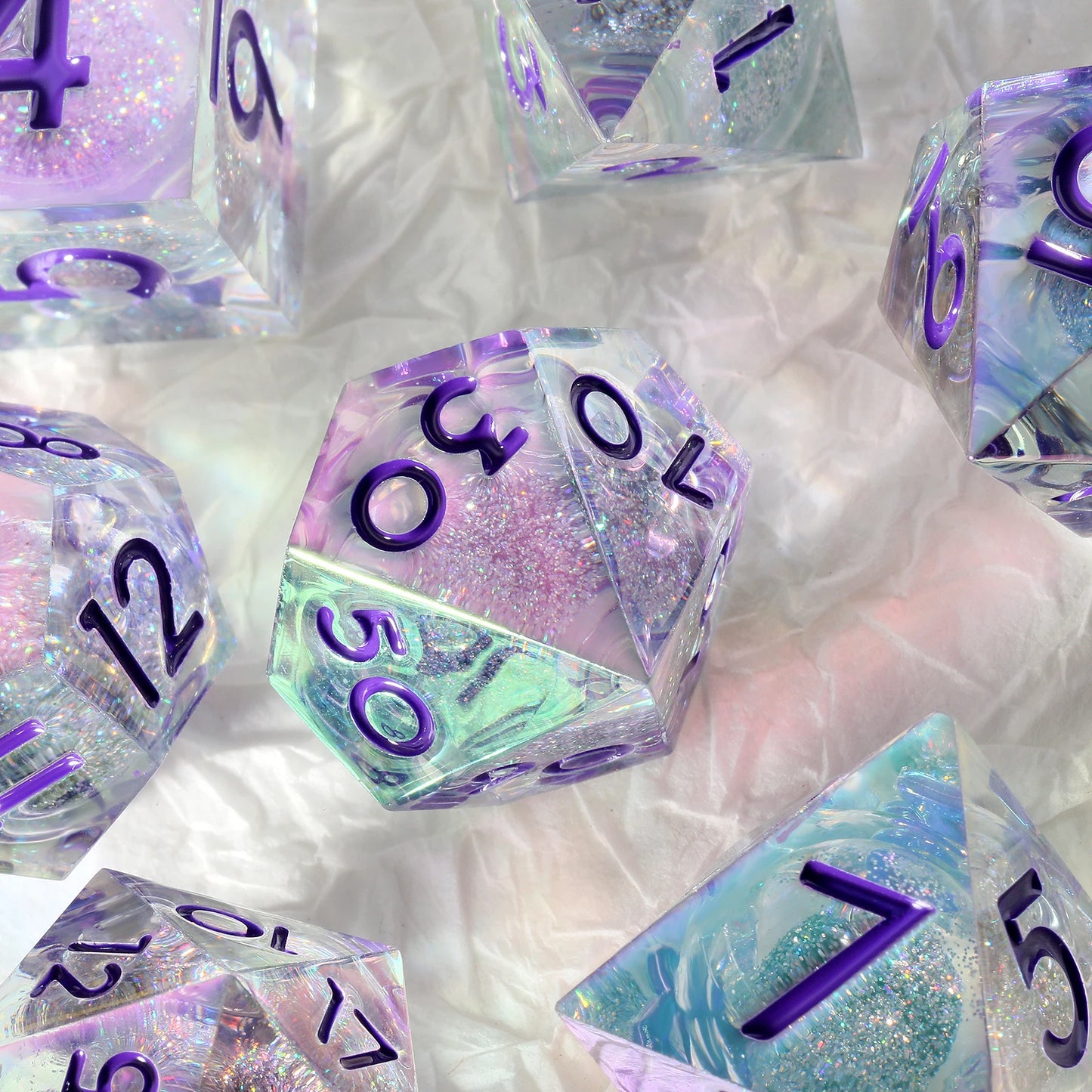 Sharp edge Dice Set - Rainbow Iridescent White Liquid Core