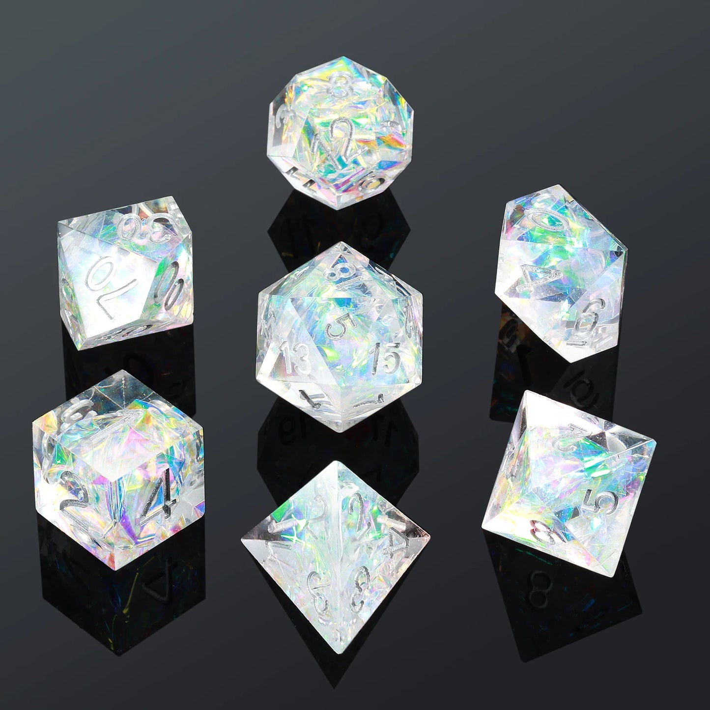 Sharp Edge Dice Set l Transparent with Silver Numbers