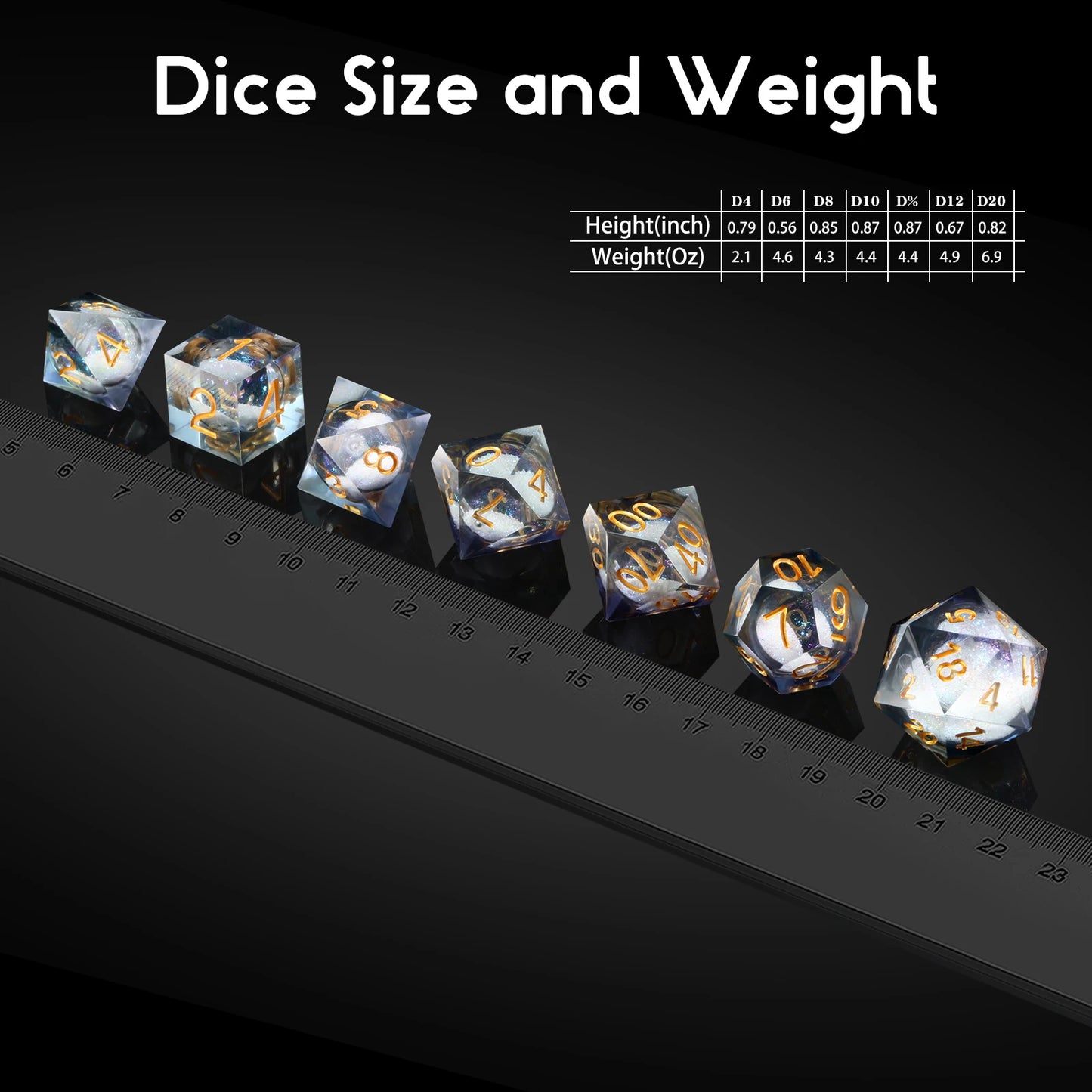 Sharp Edge Dice Set l Shiny Grey Liquid Core with gold numbers