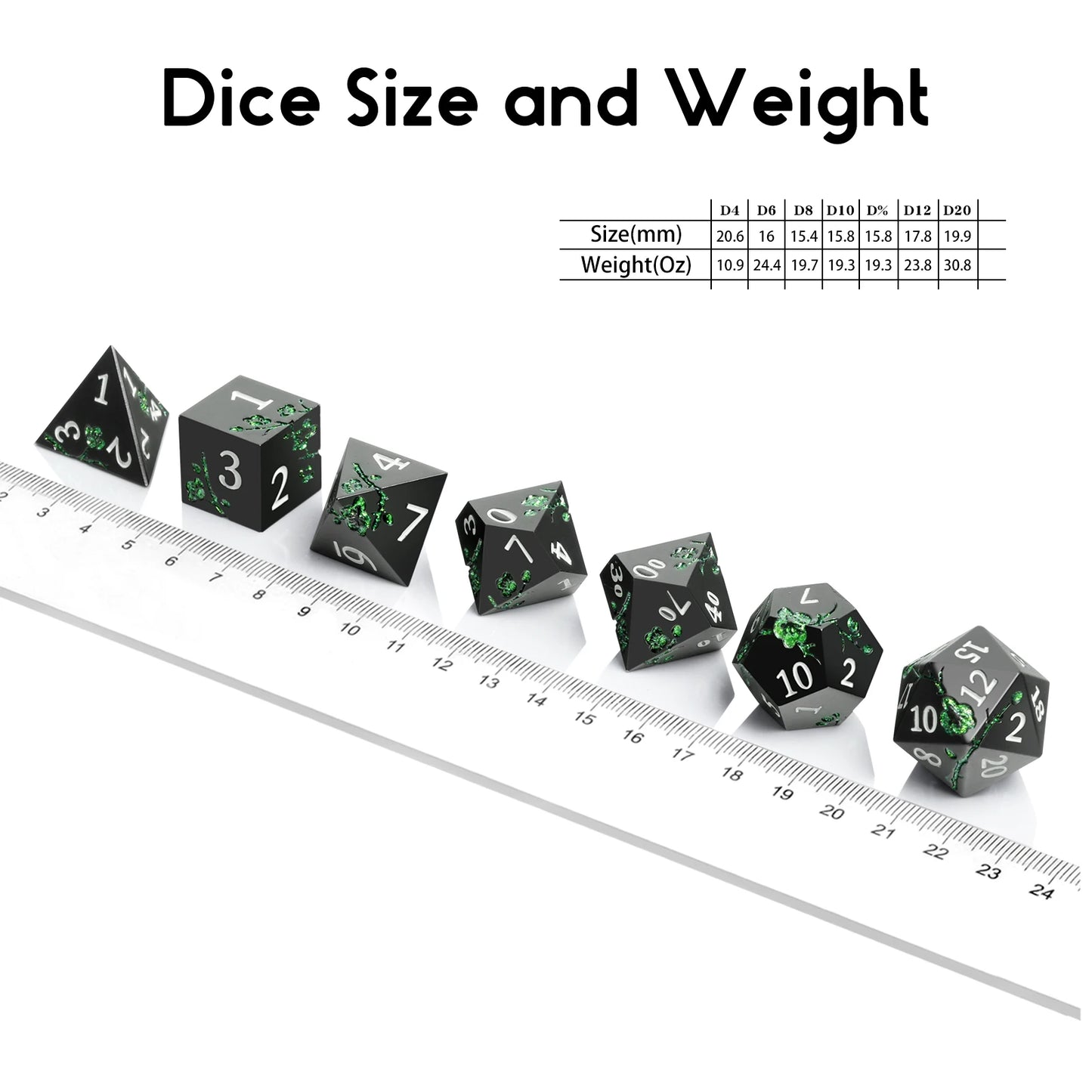 Plum Blossom Dice Set - Matte Black & Glitter Green