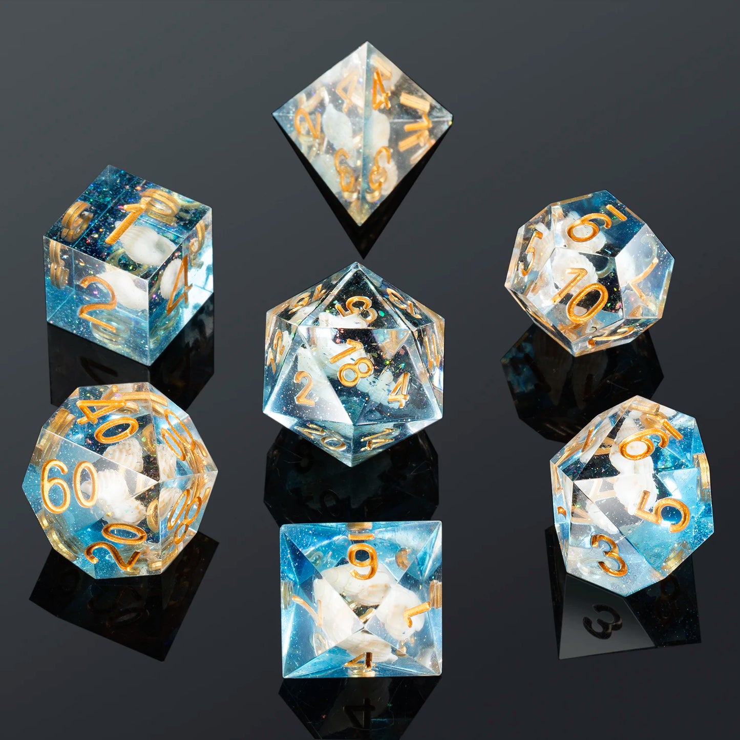 Sharp Edge Dice Set l Transparent and Sea- blue with Conch