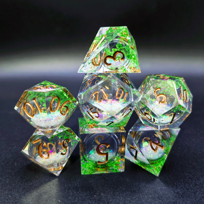 Sharp Edge Dice Set - Green Grass Liquid Core