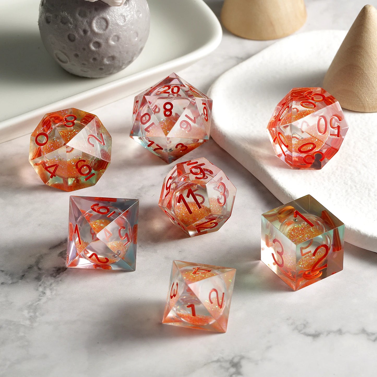 Sharp Edge Dice Set l Orange Liquid Core With red Number