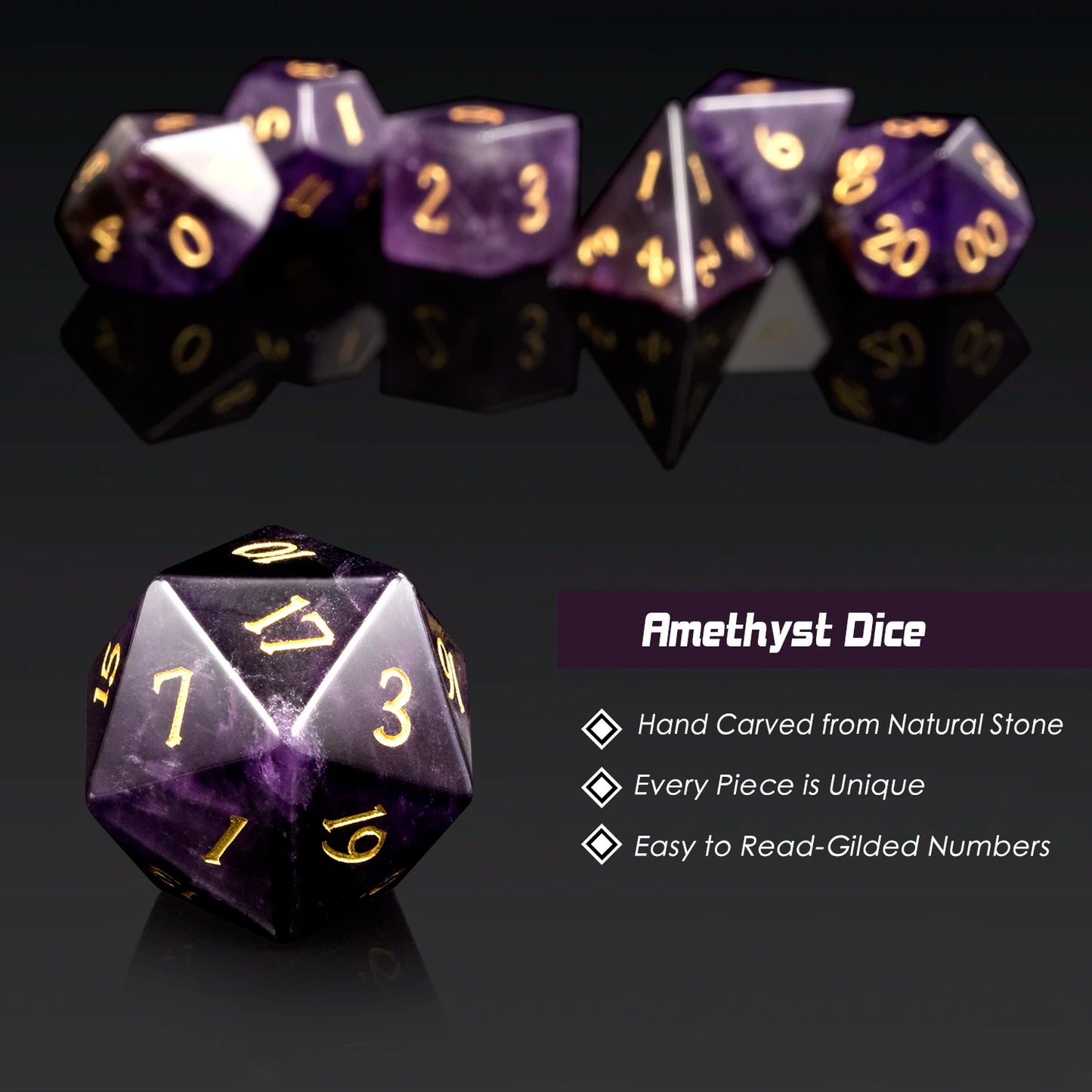 Gemstone Dice Set – Purple Crystal (Amethyst)