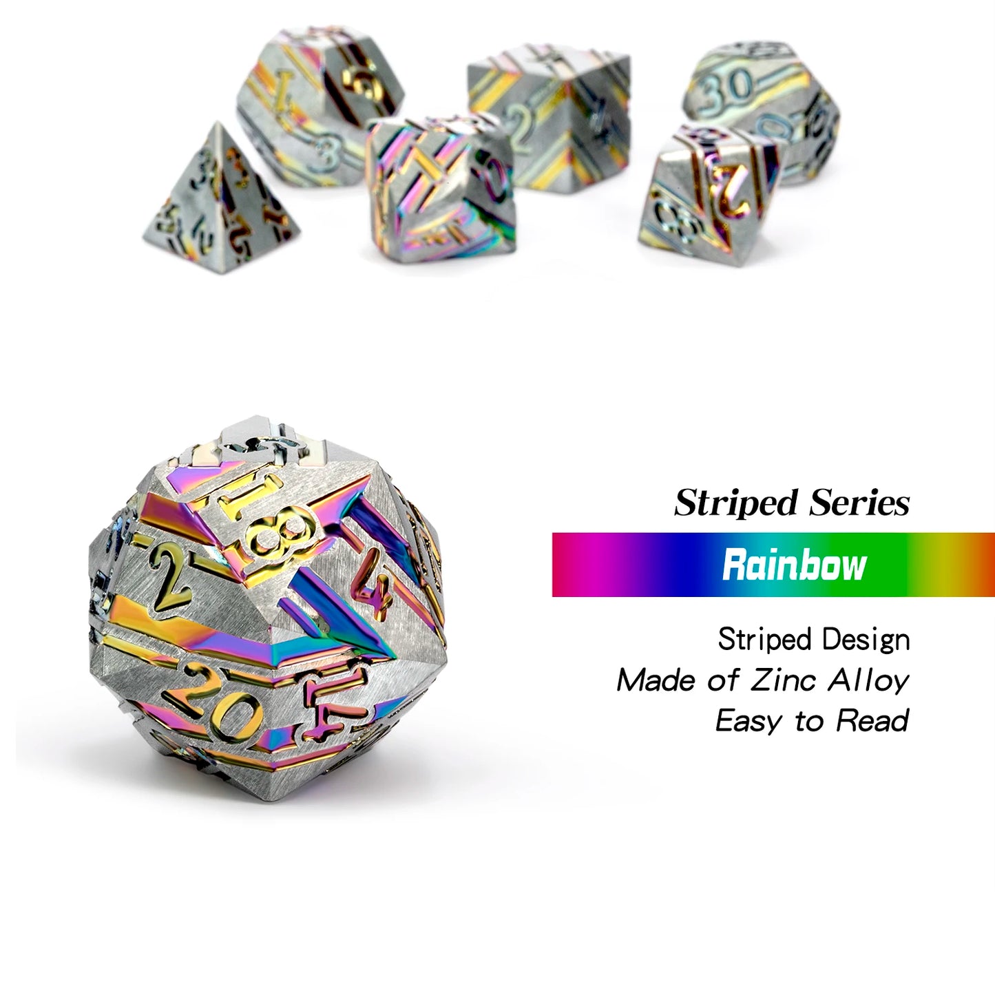 Rainbow Stripe Metal Dice Set
