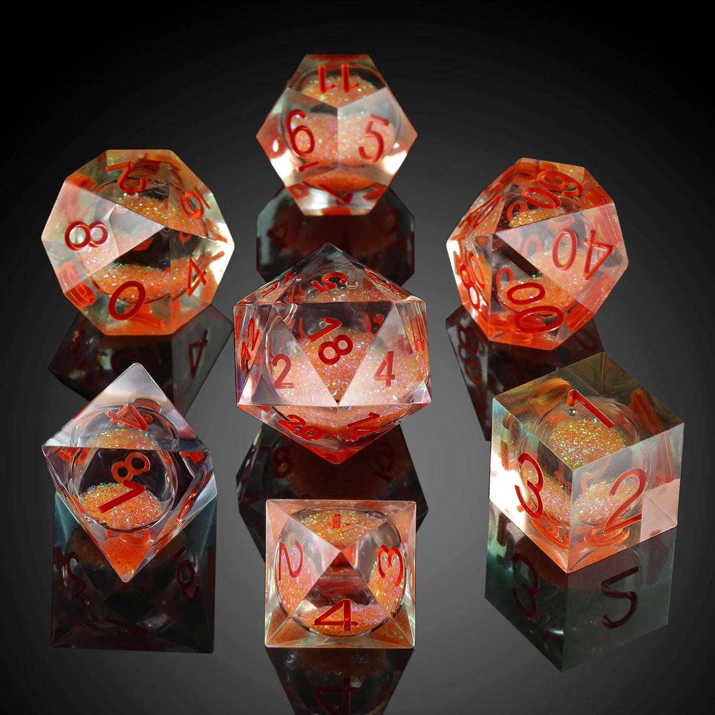 Sharp Edge Dice Set l Orange Liquid Core With red Number