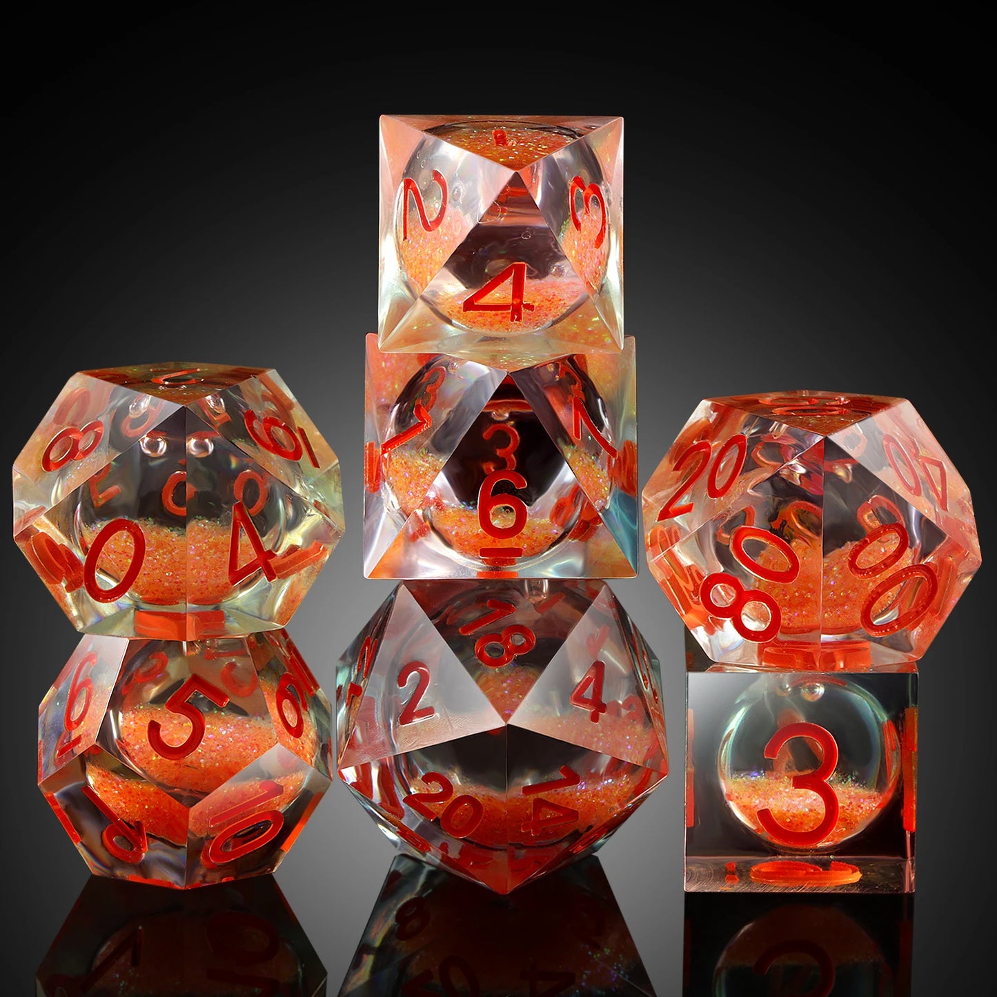 Sharp Edge Dice Set l Orange Liquid Core With red Number