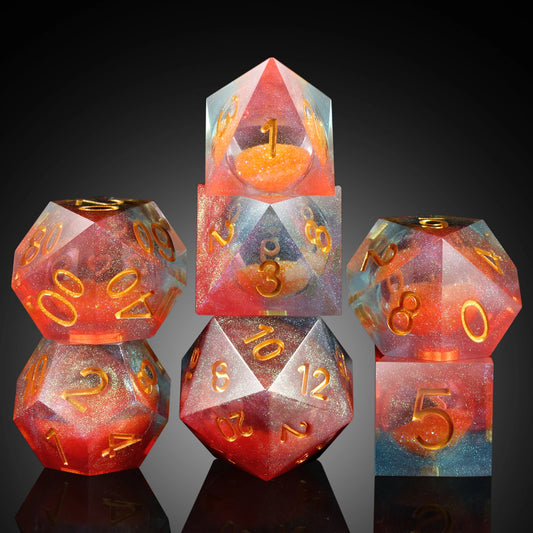 Sharp Edge Dice Set l Orange Liquid Core with red & Blue