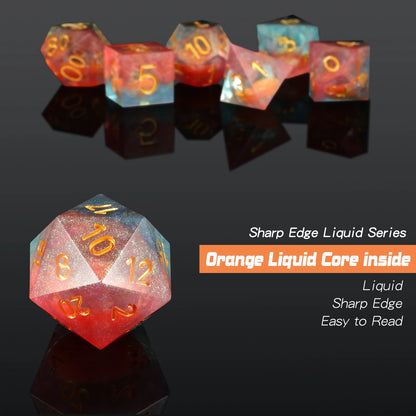 Sharp Edge Dice Set l Orange Liquid Core with red & Blue