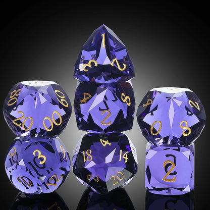 Glass Dice Set – Diamond-Cut Purple