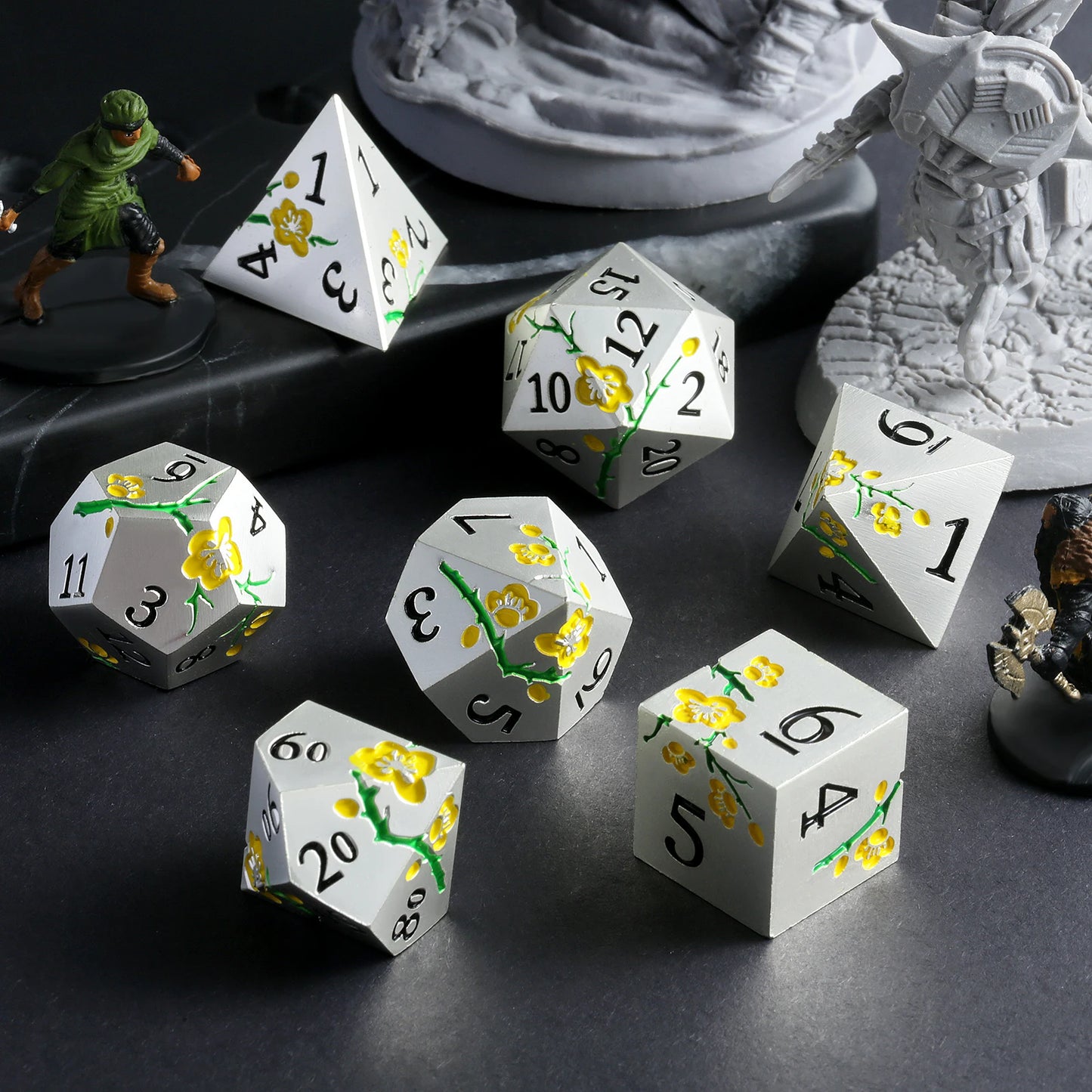 Plum Blossom Dice Set -Silver with Yellow
