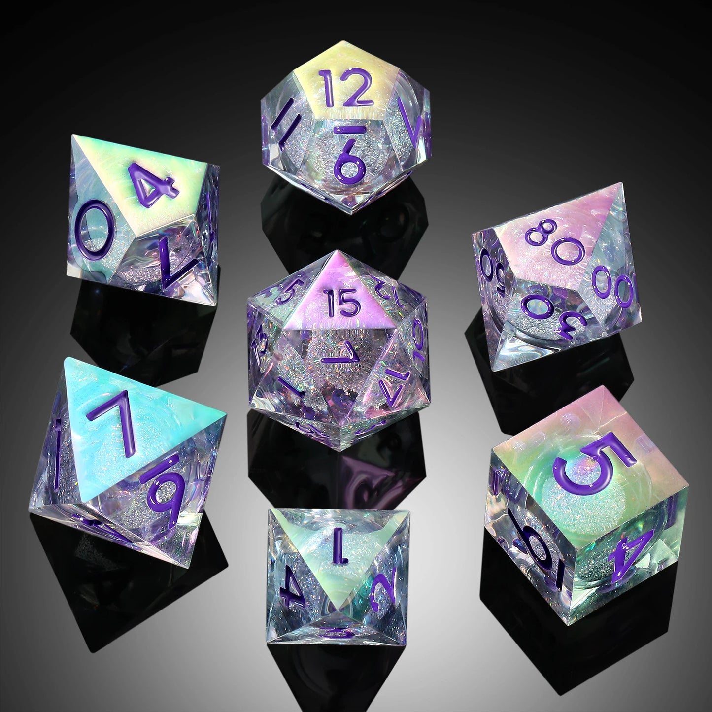 Sharp edge Dice Set - Rainbow Iridescent White Liquid Core