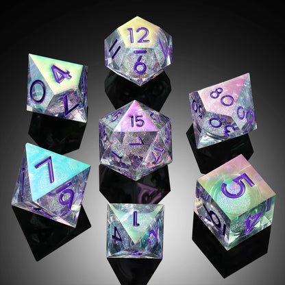 Sharp edge Dice Set - Rainbow Iridescent White Liquid Core