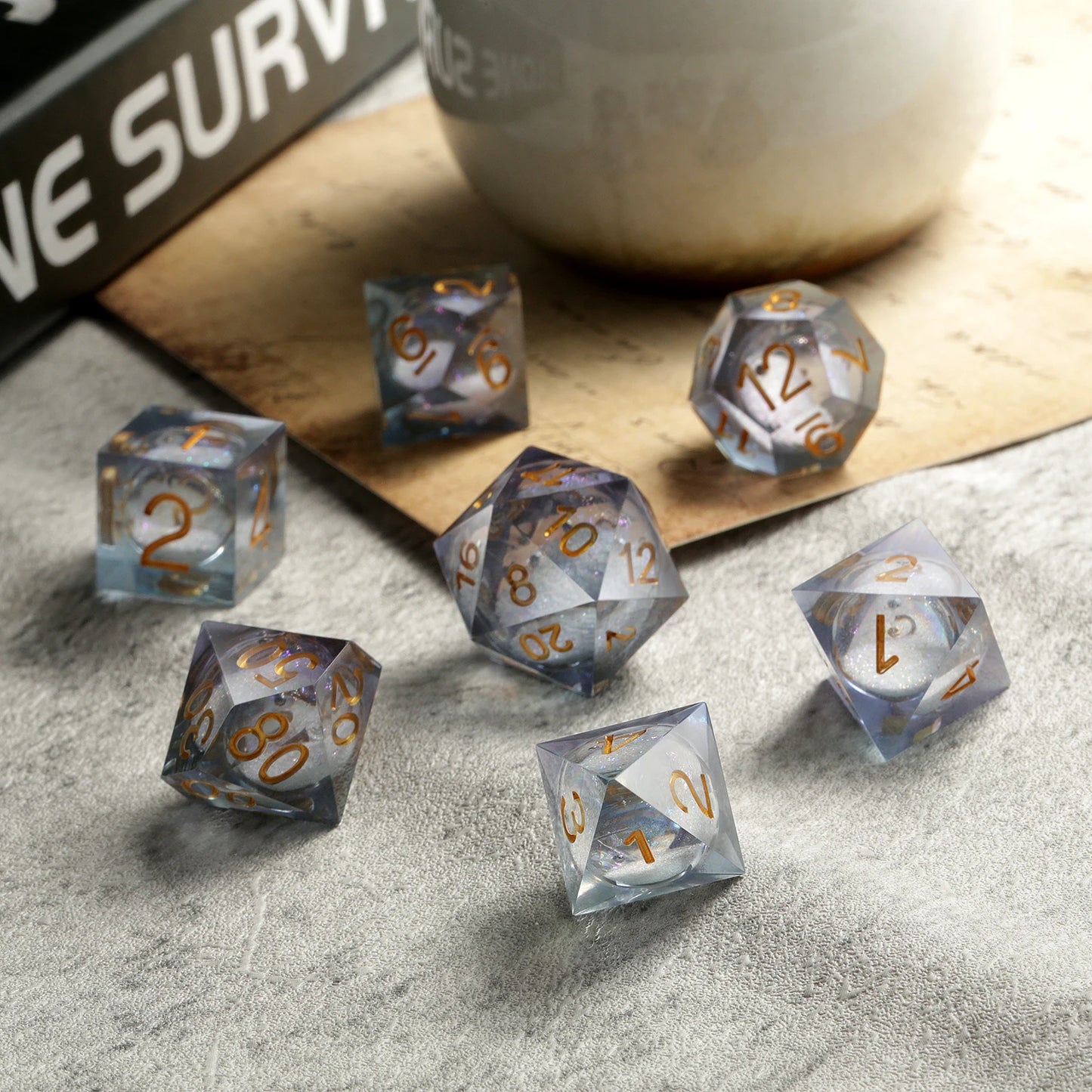 Sharp Edge Dice Set l Shiny Grey Liquid Core with gold numbers