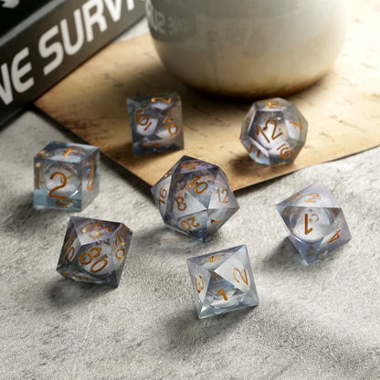 Sharp Edge Dice Set l Shiny Grey Liquid Core with gold numbers