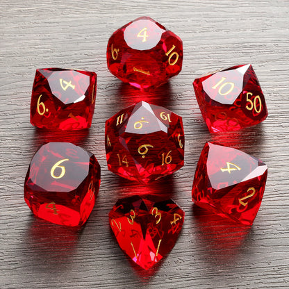 Glass Dice Set – Diamond-Cut Red