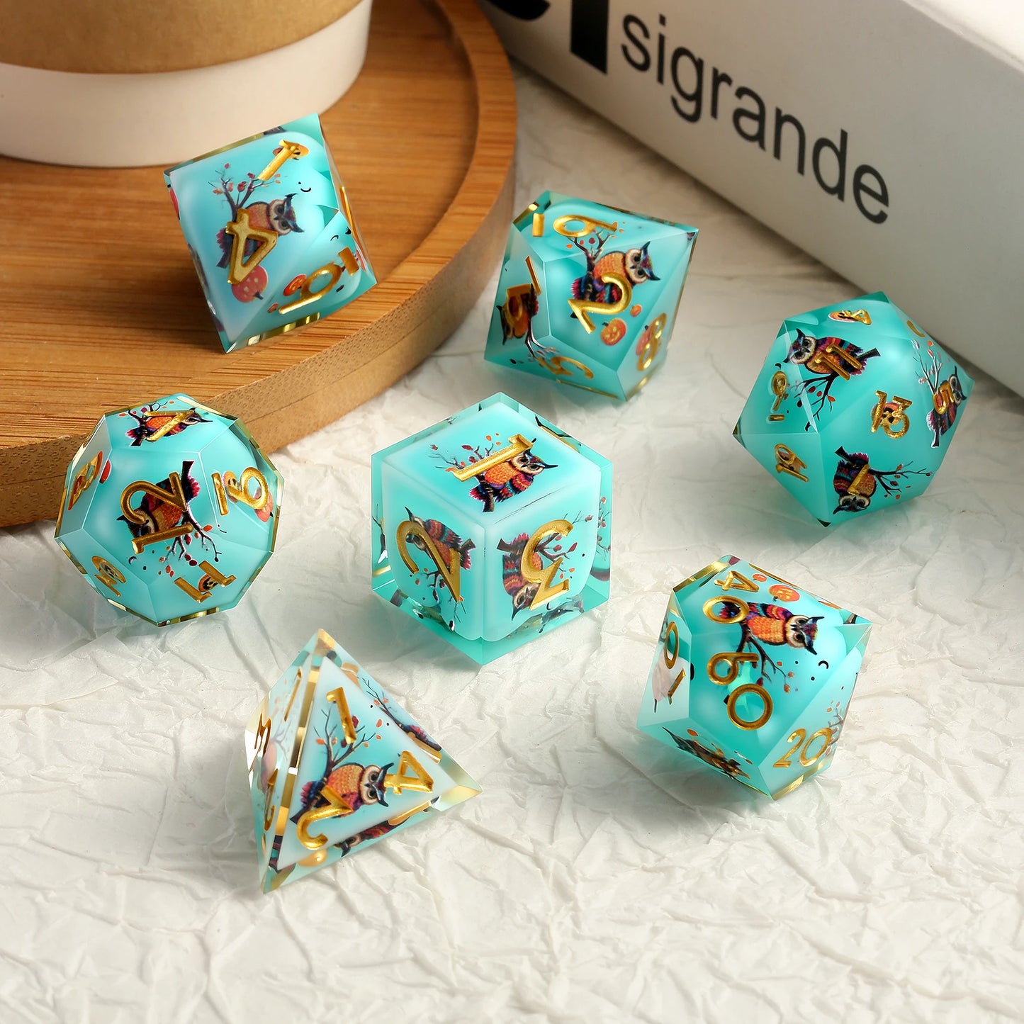 Sharp Edge Dice Set - Blue & Gold Owl