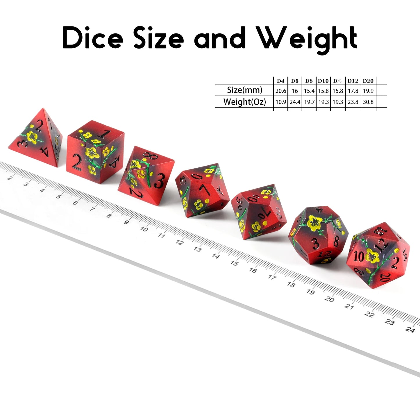 Plum Blossom Dice Set -  Matte Red & Black with yellow flowers