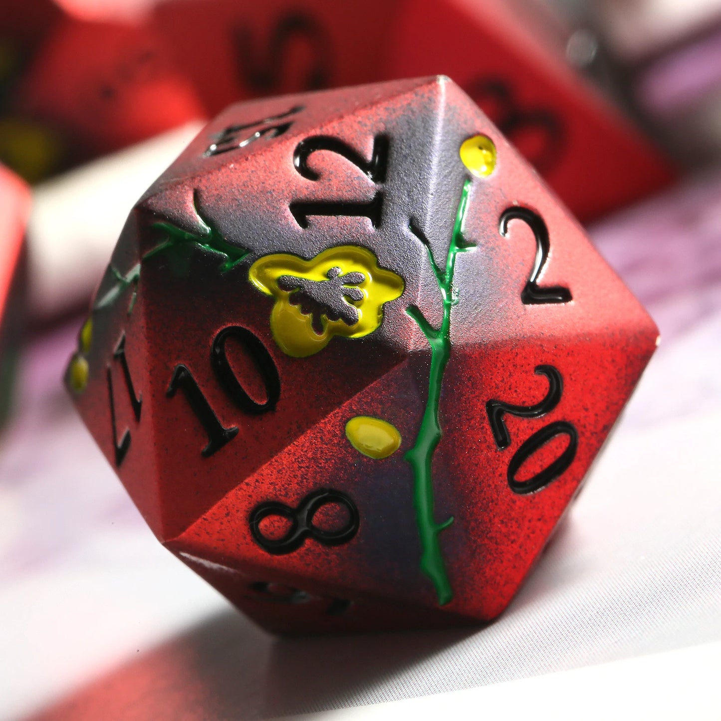Plum Blossom Dice Set -  Matte Red & Black with yellow flowers