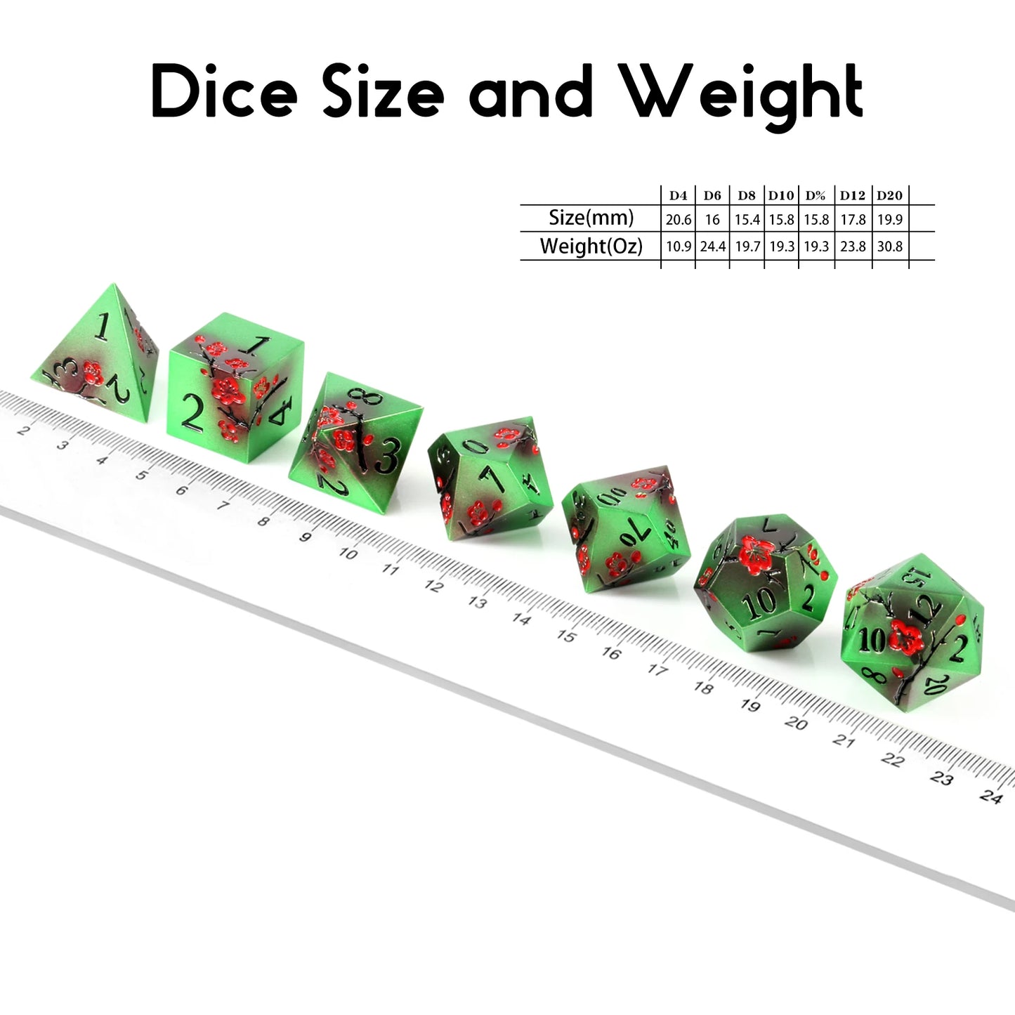 Plum Blossom Dice Set - Green and black with red flowers
