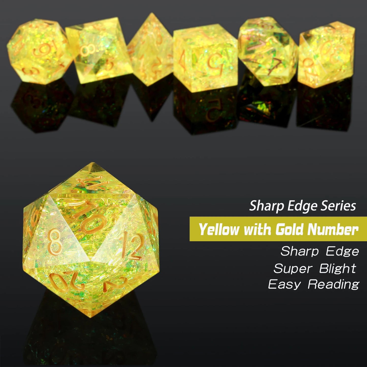 Sharp Edge Dice Set l Yellow with Gold numbers