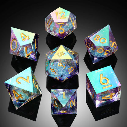 Sharp Edge Dice Set l Shiny Blue Liquid Core with Rainbow Iridescent