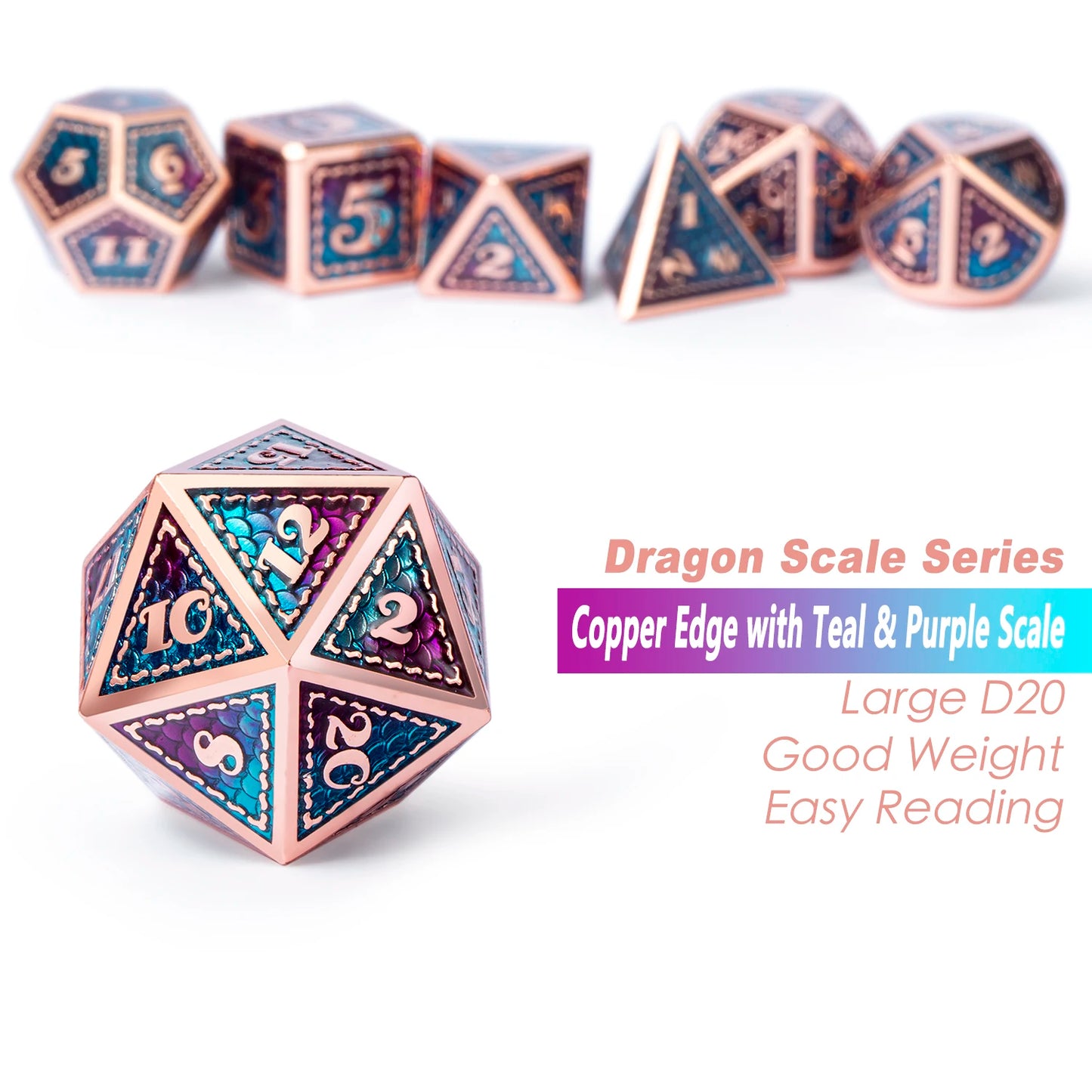 Striped Metal Dice – Teal & Purple 7-Pc DND Set