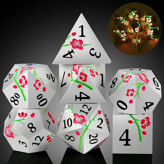 Plum Blossom Metal Dice Set –  Glow in the dark Pink