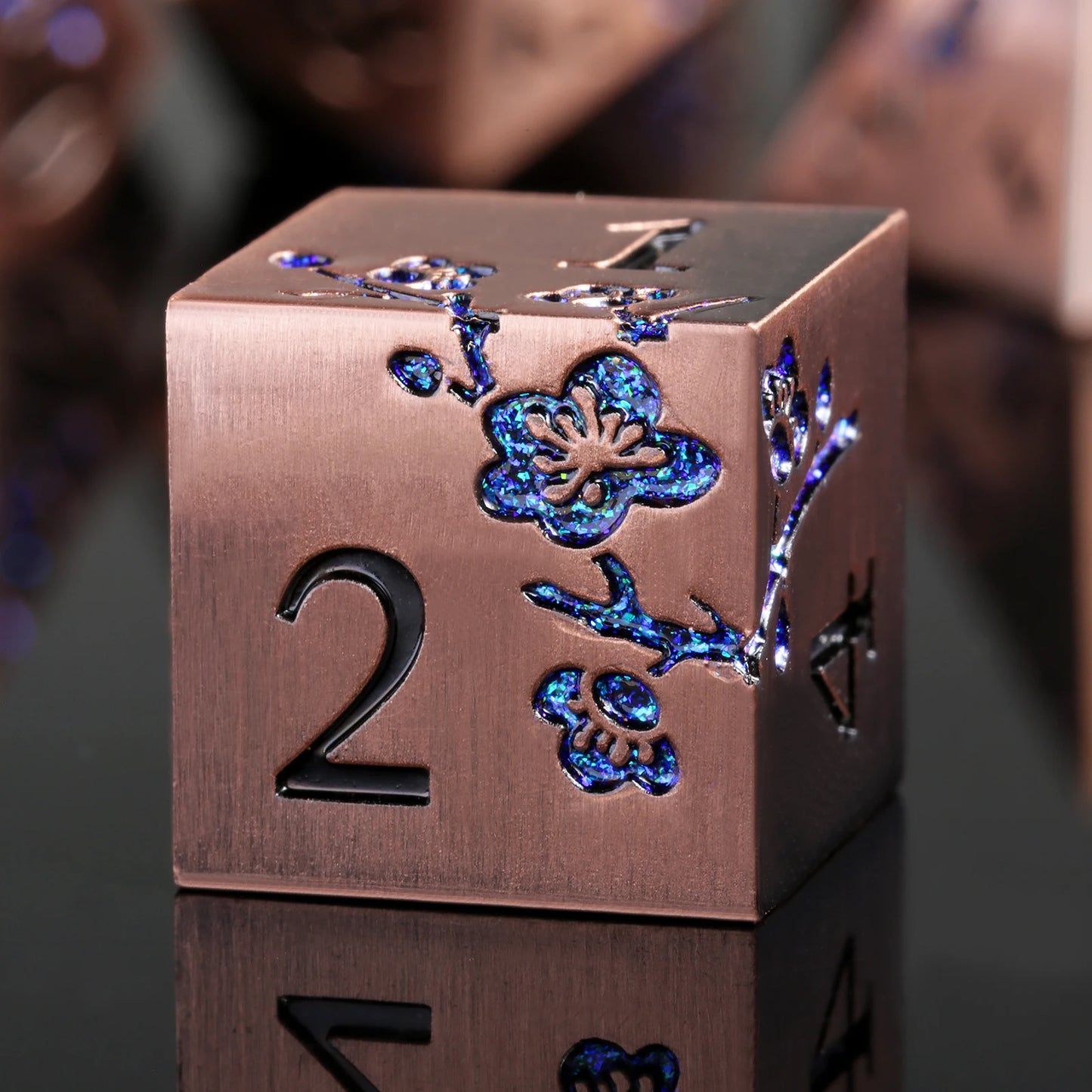 Plum Blossom Dice Se – Copper with Glitter Blue