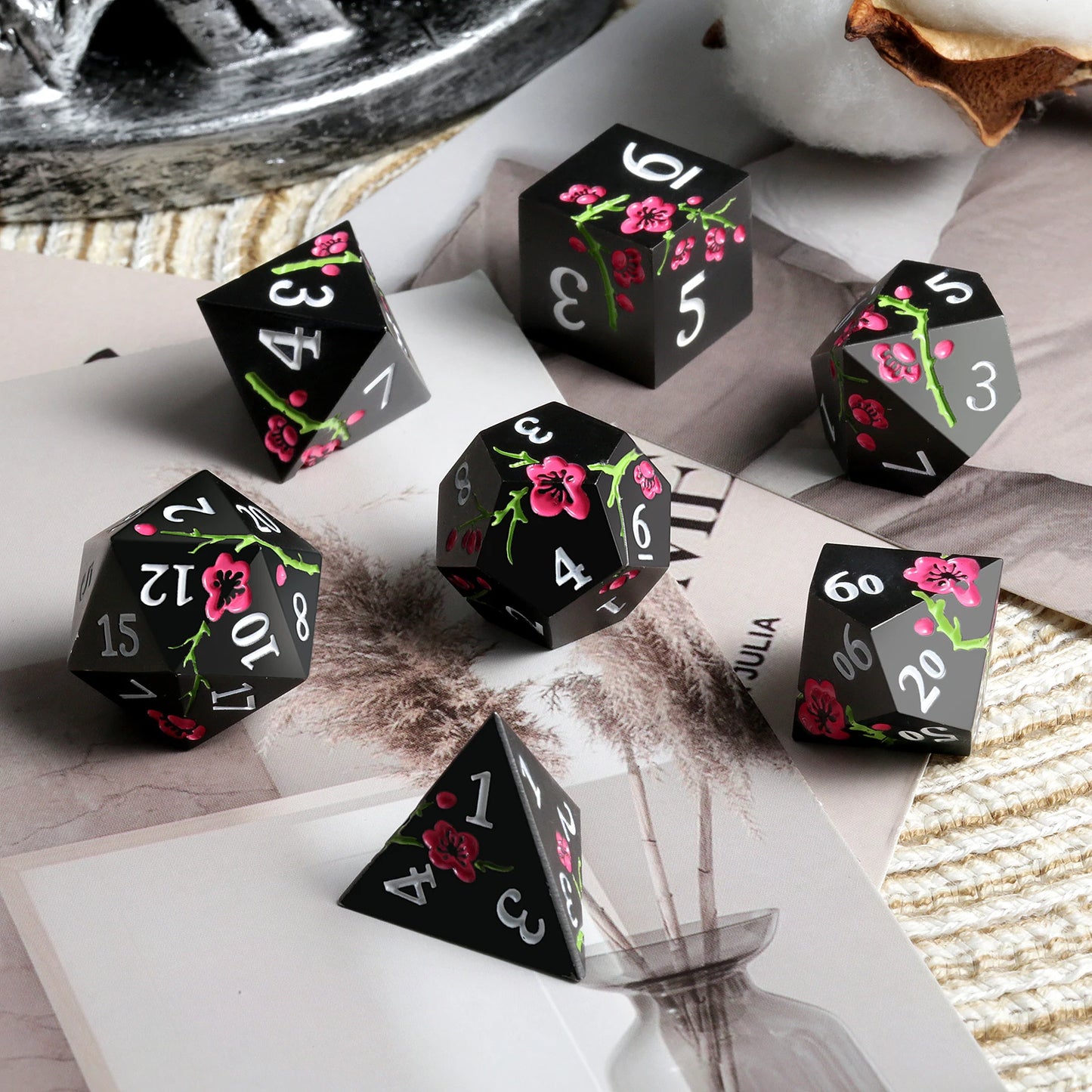 Plum Blossom Dice Set - Black with Pink