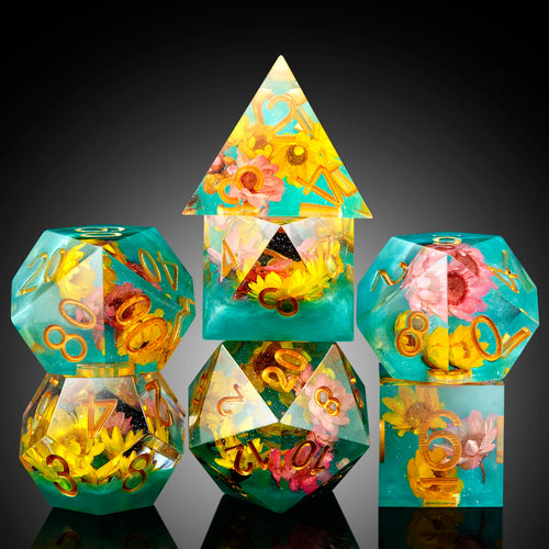 Sharp Edge Dice Set -Yellow and pink Flowers