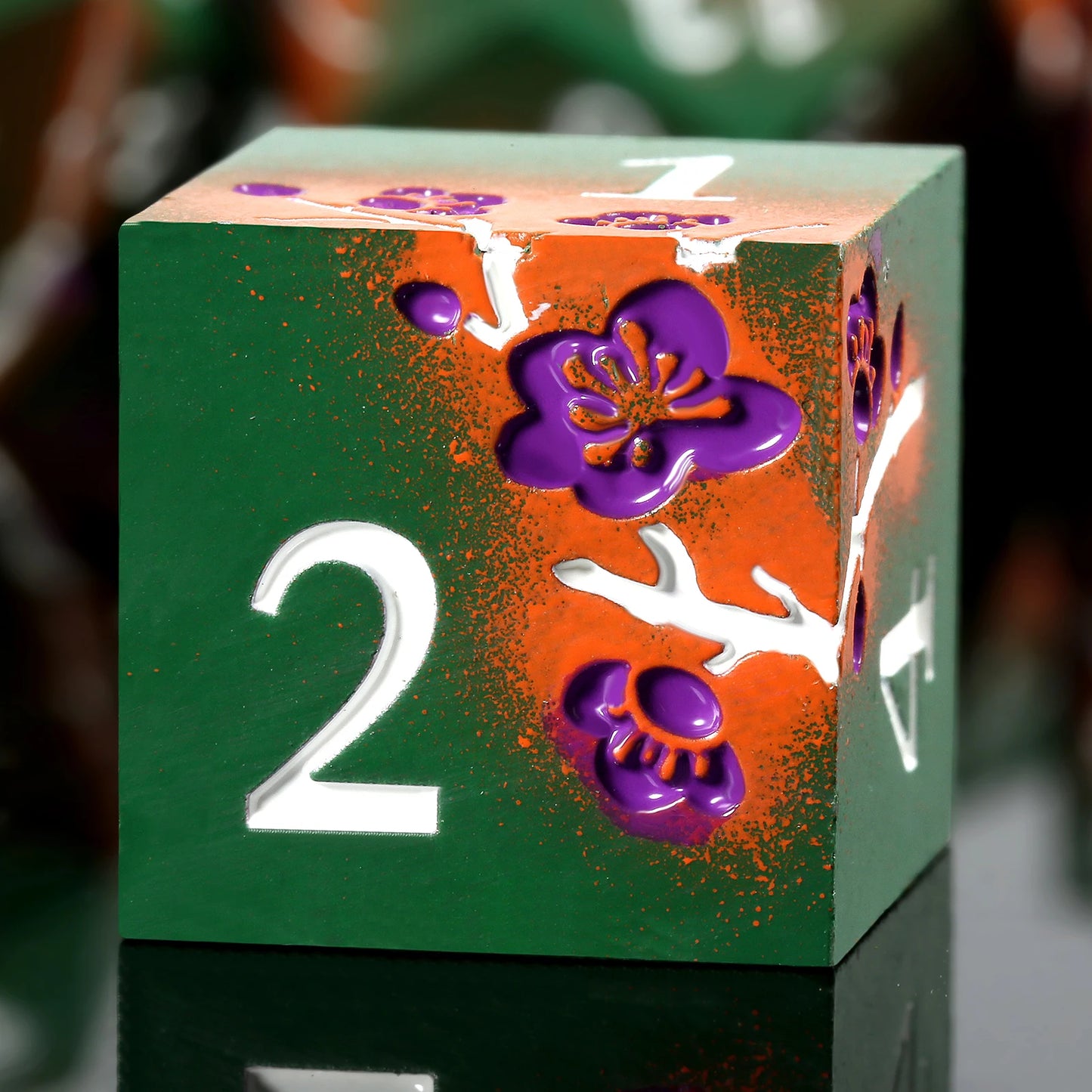Plum Blossom Dice Set - Matte green and orange with purple flowers