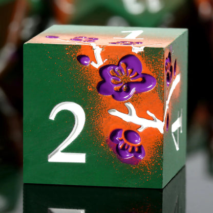 Plum Blossom Dice Set - Matte green and orange with purple flowers