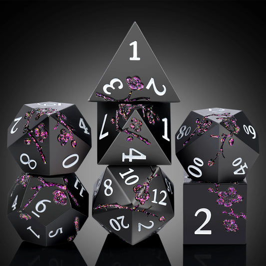 Plum Blossom Dice Set - Black with Glitter Purple