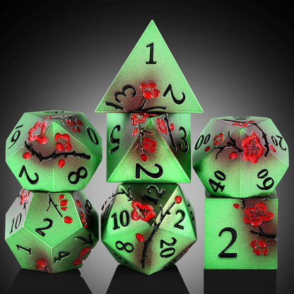 Plum Blossom Dice Set - Green and black with red flowers