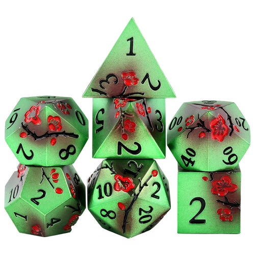Plum Blossom Dice Set - Green and black with red flowers