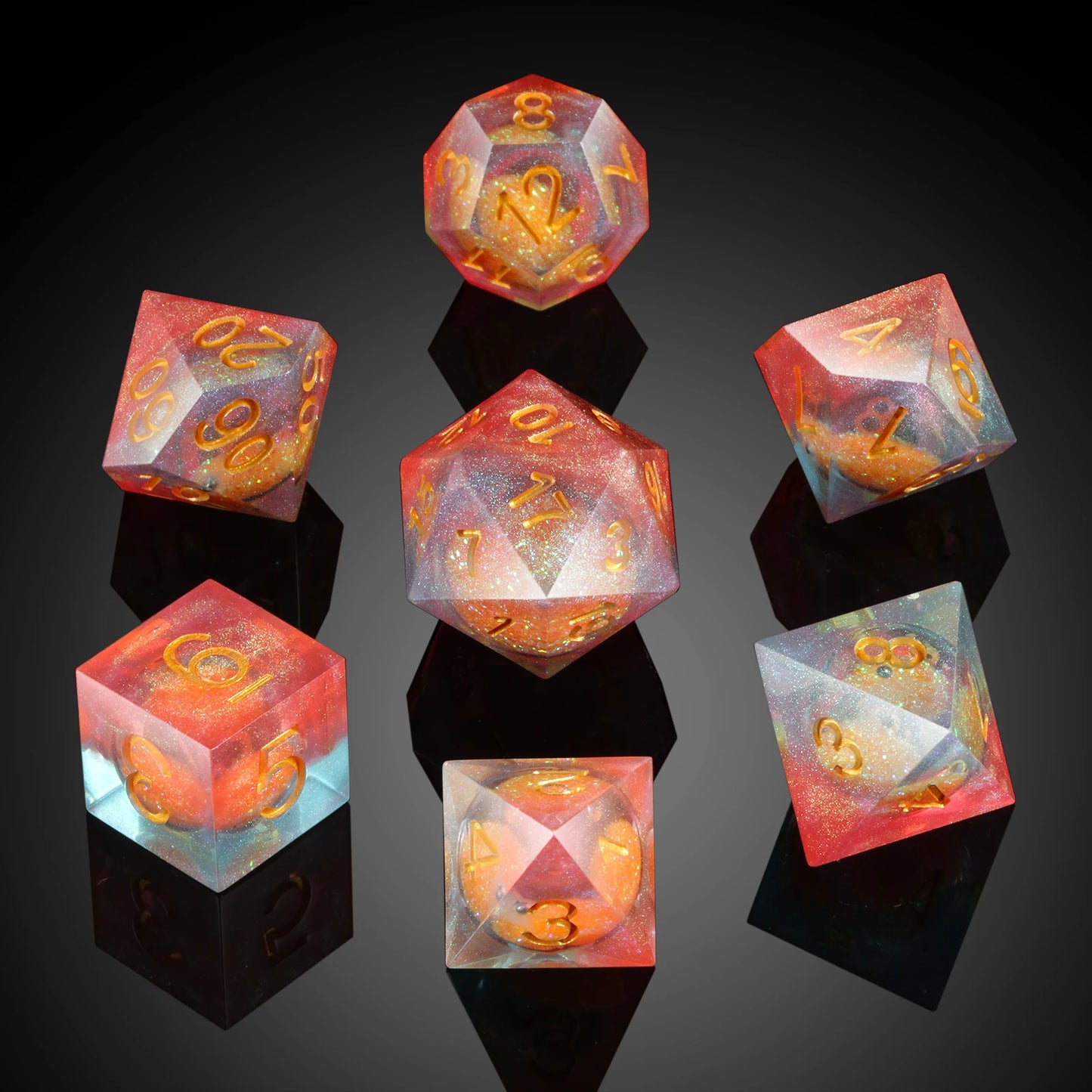 Sharp Edge Dice Set l Orange Liquid Core with red & Blue