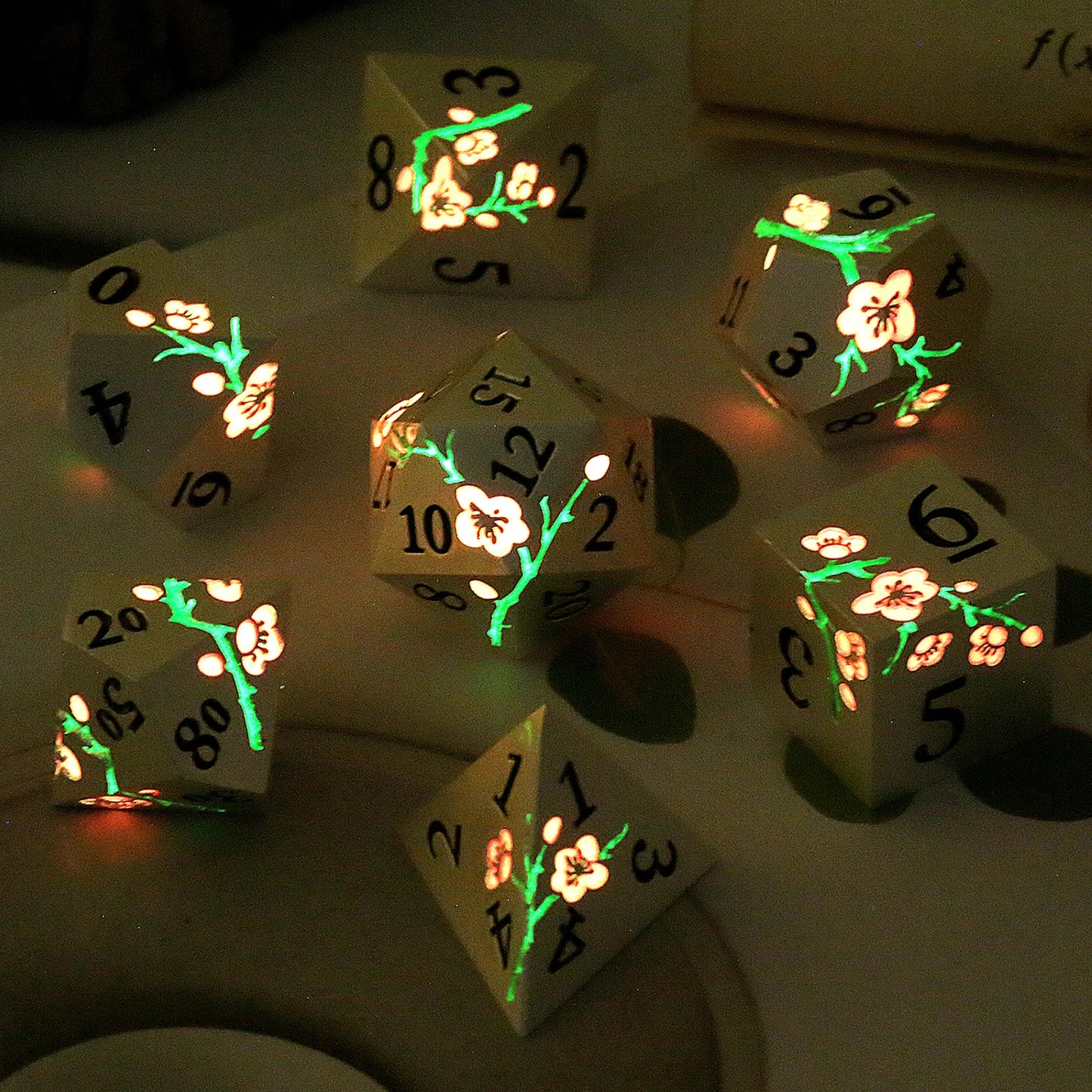Plum Blossom Metal Dice Set –  Glow in the dark Pink