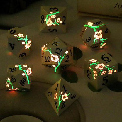 Plum Blossom Metal Dice Set –  Glow in the dark Pink