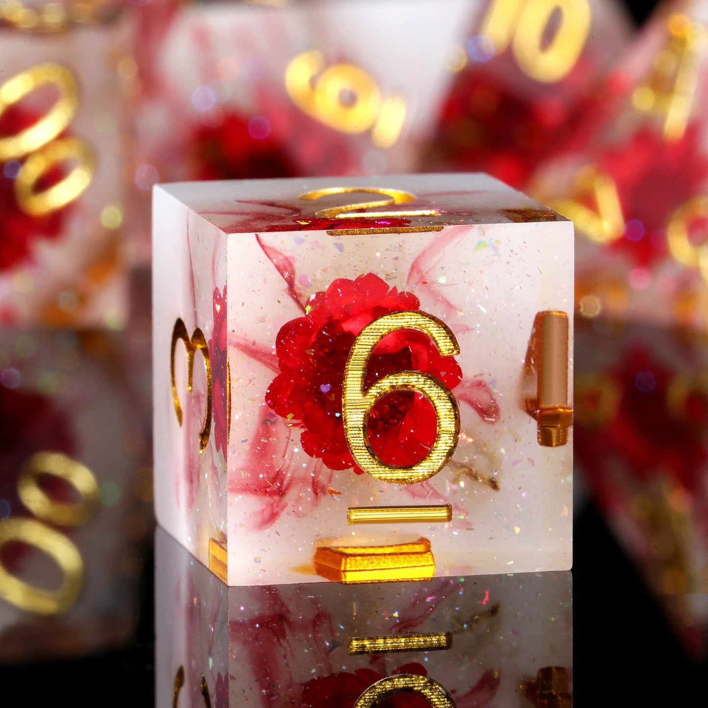 Sharp Edge Dice Set- Red flowers with Red Swirl