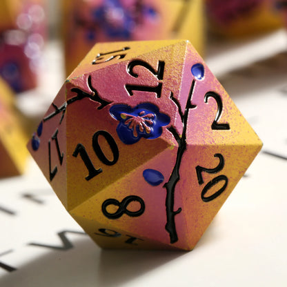 Plum Blossom Dice Set - Matte yellow-violet with blue flowers