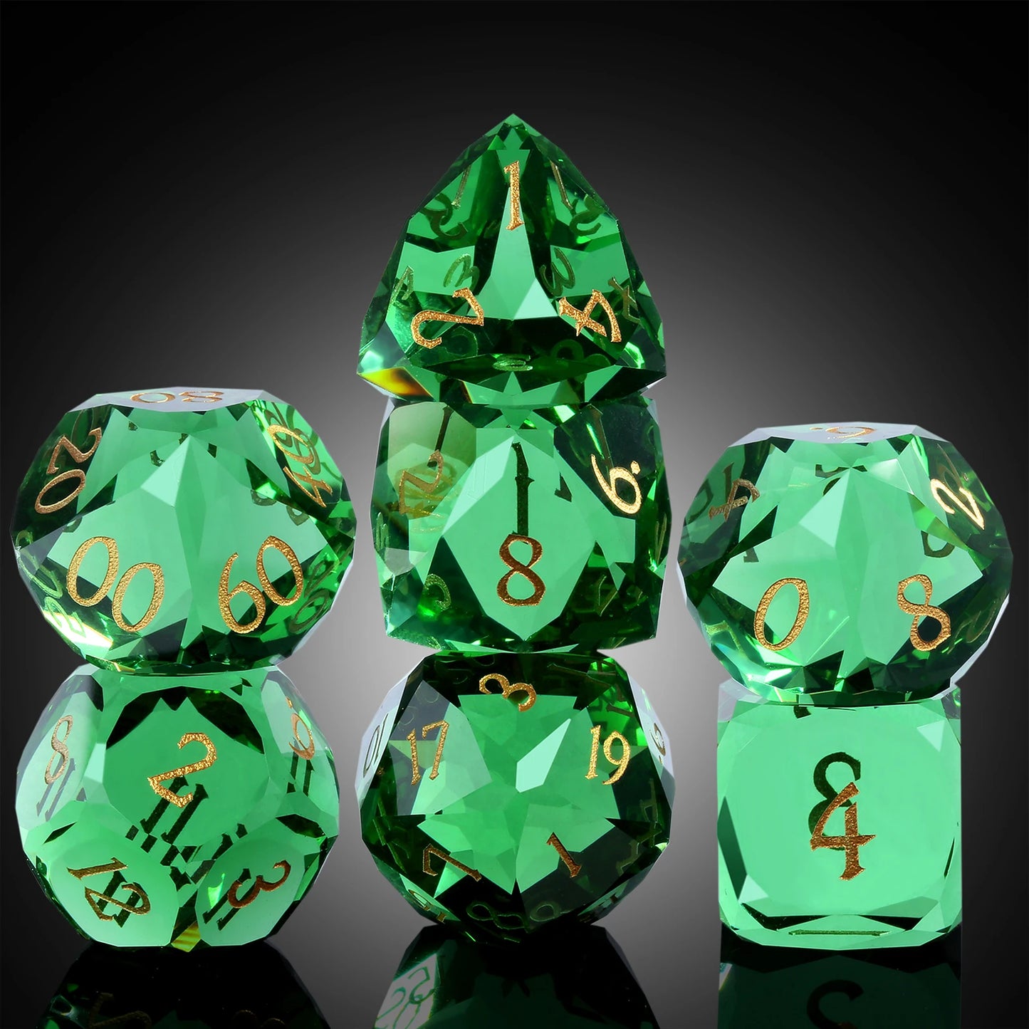 Glass Dice Set – Diamond-Cut Green