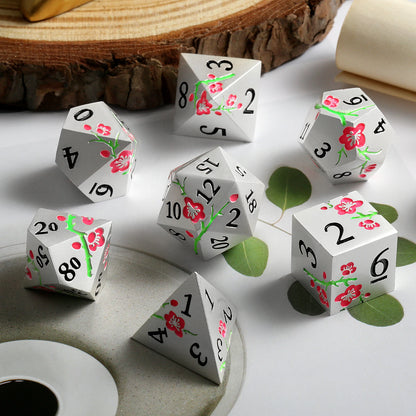 Plum Blossom Metal Dice Set –  Glow in the dark Pink