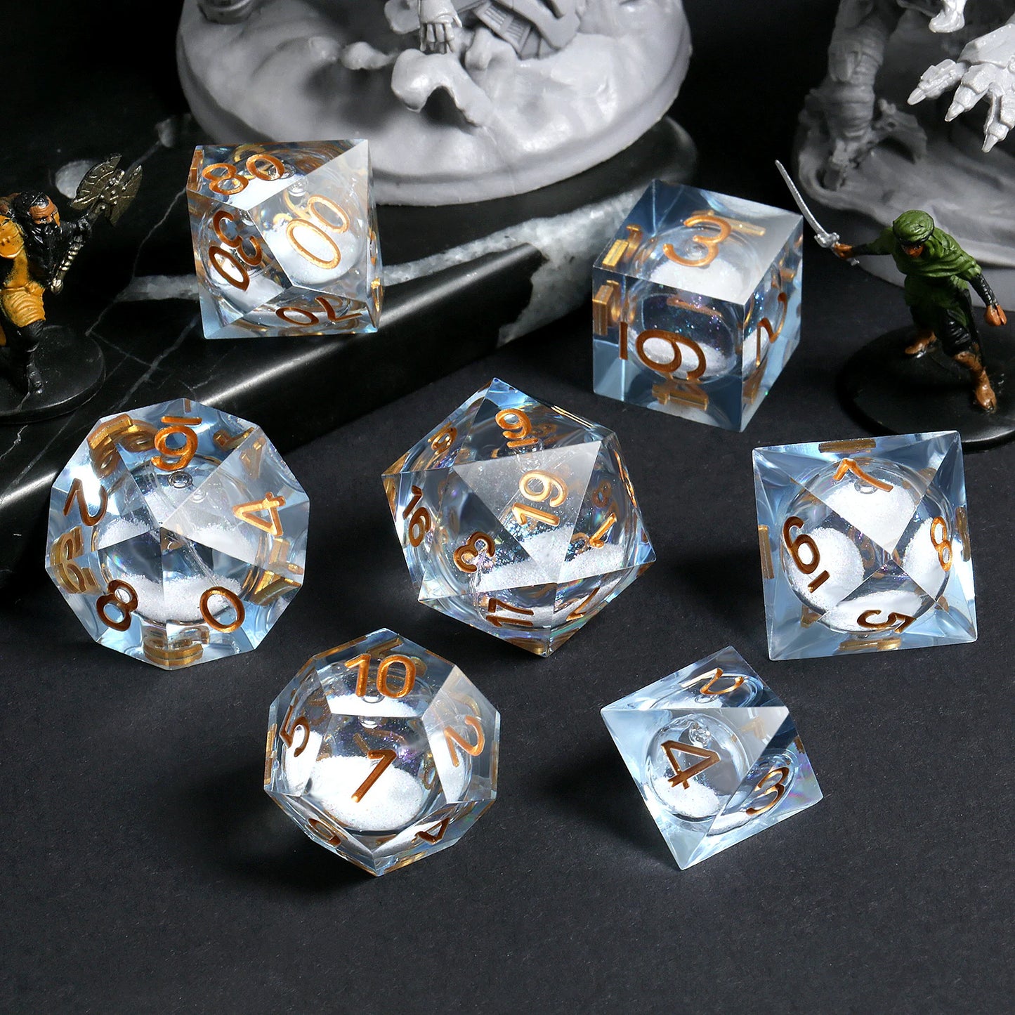 Sharp Edge Dice Set l Shiny Blue Liquid Core with Gold Numbers