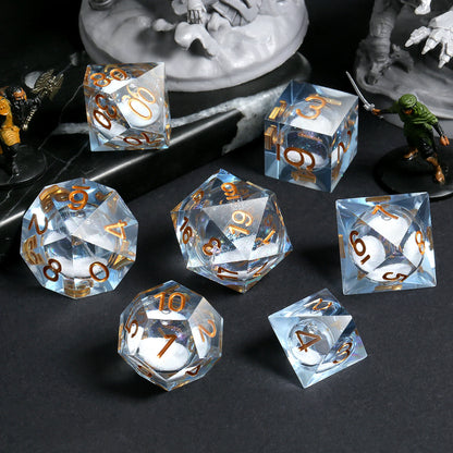 Sharp Edge Dice Set l Shiny Blue Liquid Core with Gold Numbers