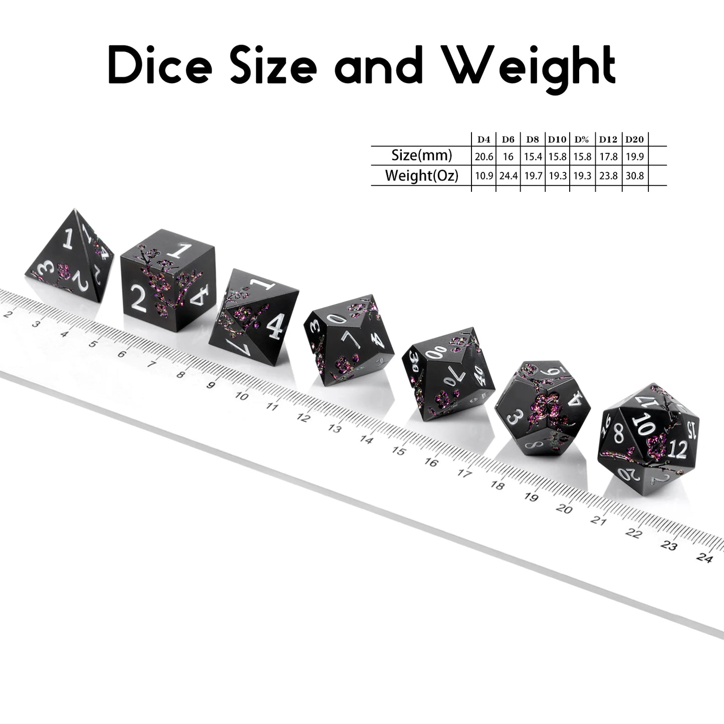 Plum Blossom Dice Set - Black with Glitter Purple