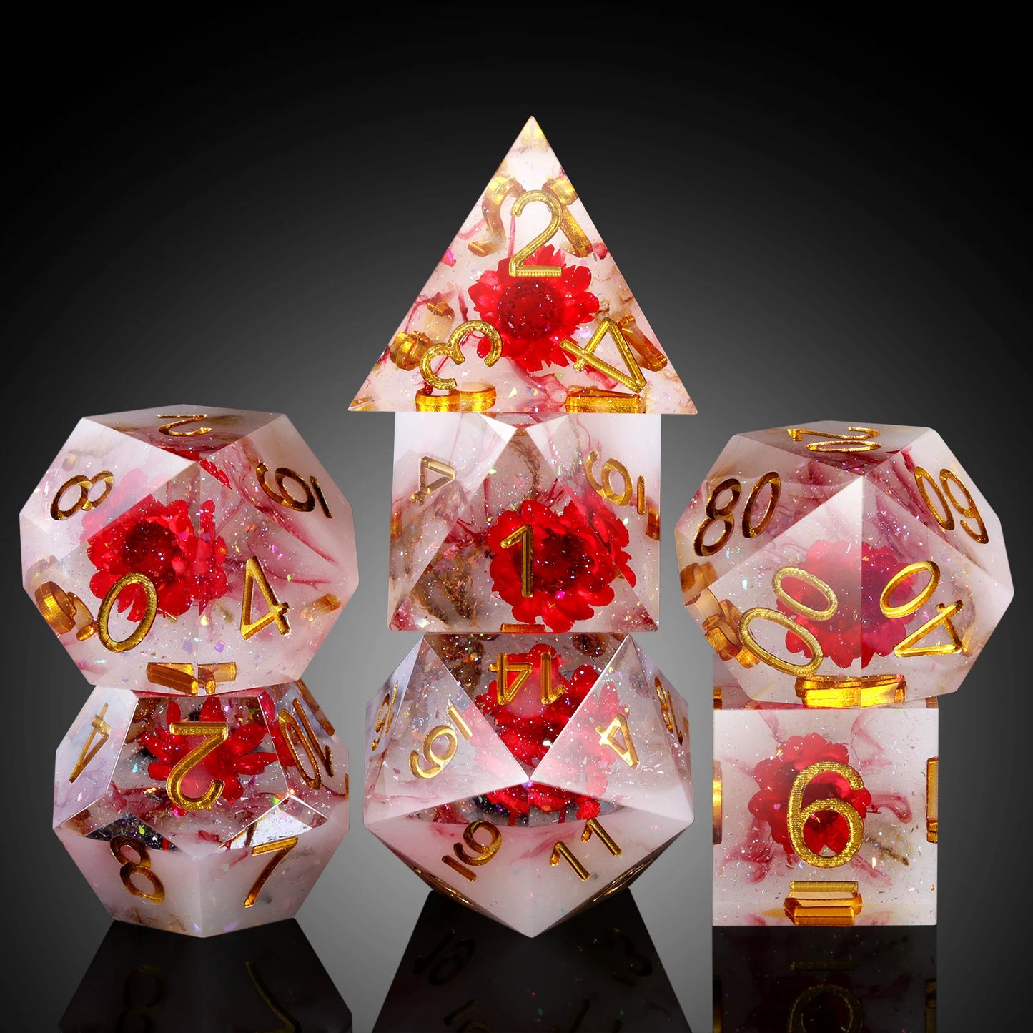 Sharp Edge Dice Set- Red flowers with Red Swirl